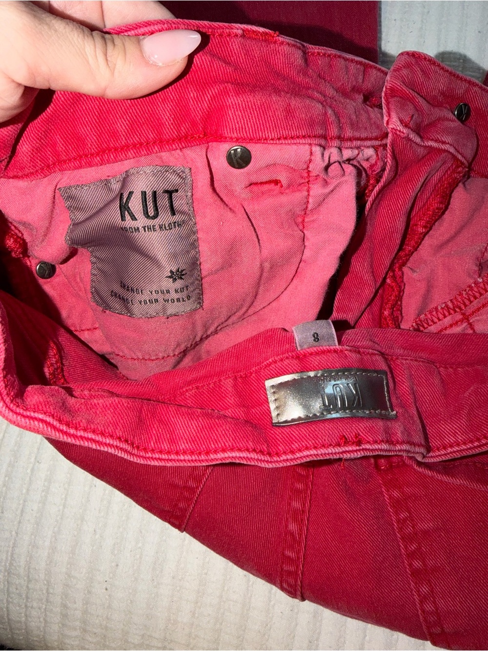 KUT from the Kloth Meg Fab Ab Wide Leg Raw Hem Jeans in Raspberry Red - size 8 - Picture 2 of 3